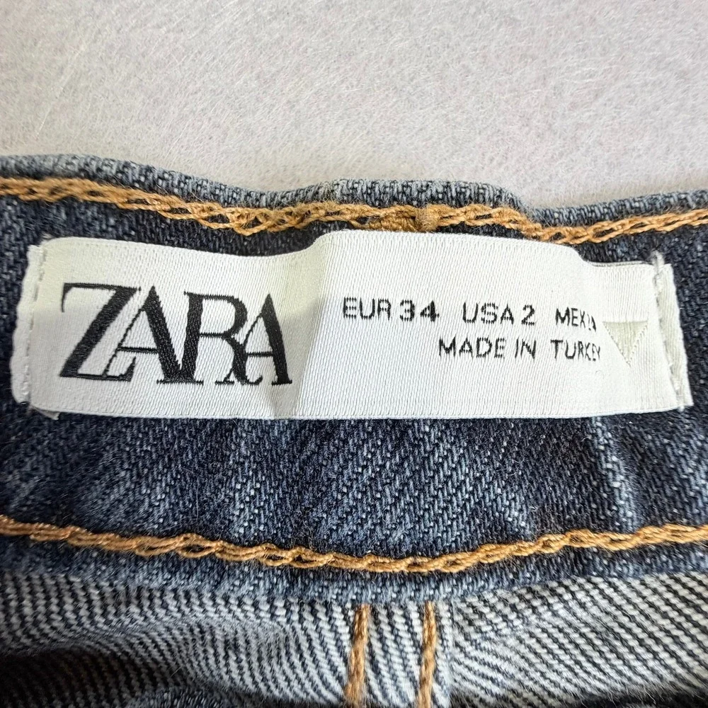 Zara Straight Leg Jeans Women 2L Criptic Blue 100% Cotton Mid Waist Button Fly